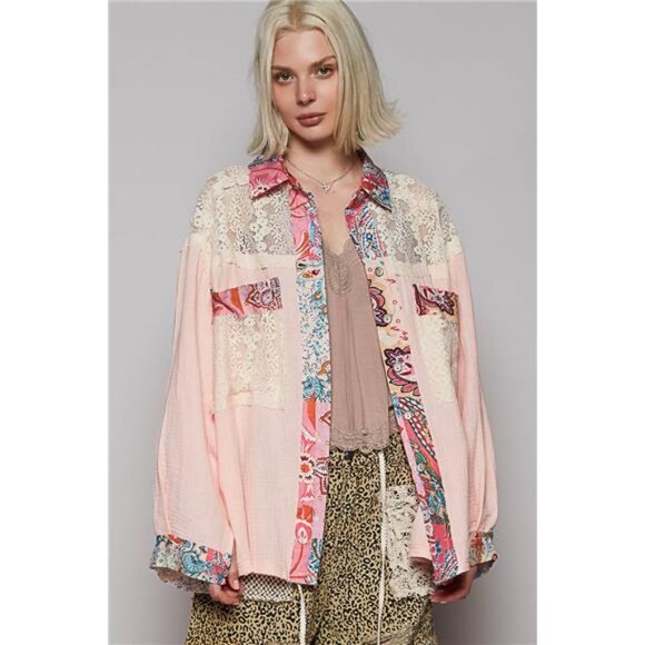 POL Tops - nwt POL Lace Patchwork Floral Trim Long Sleeve Shirt